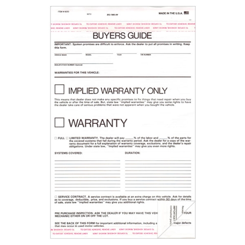 My Dealer Supply Implied Warranty Only Buyers Guide Form BGImplied